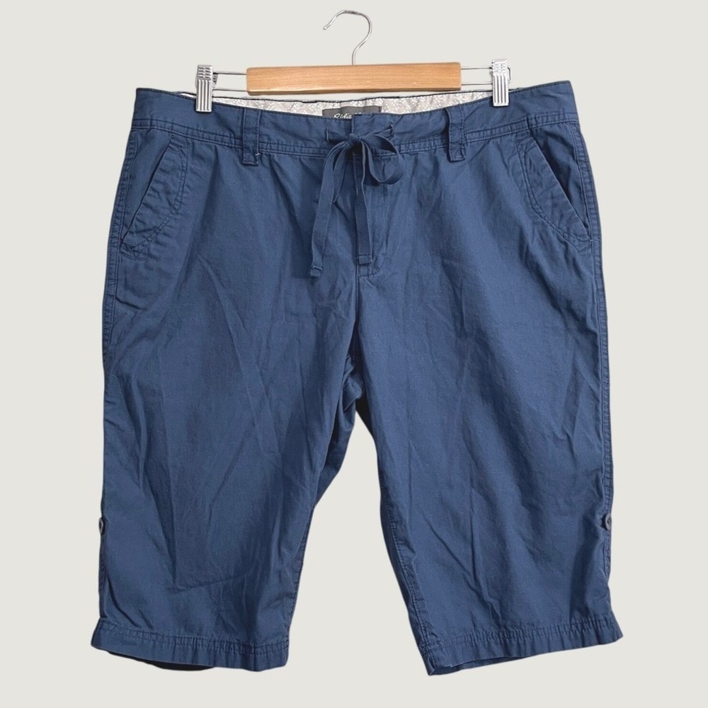 Eddie Bauer Womens Blue Cotton Drawstring Bermuda Shorts Size 14 Roll Tab Chino